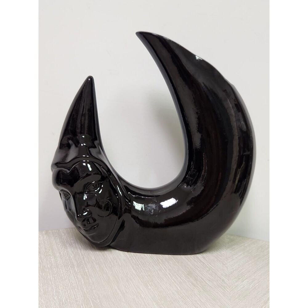 Vintage 80s Black Vase Black Ceramic Crescent Moon Shaped Vessel Pierrot Face